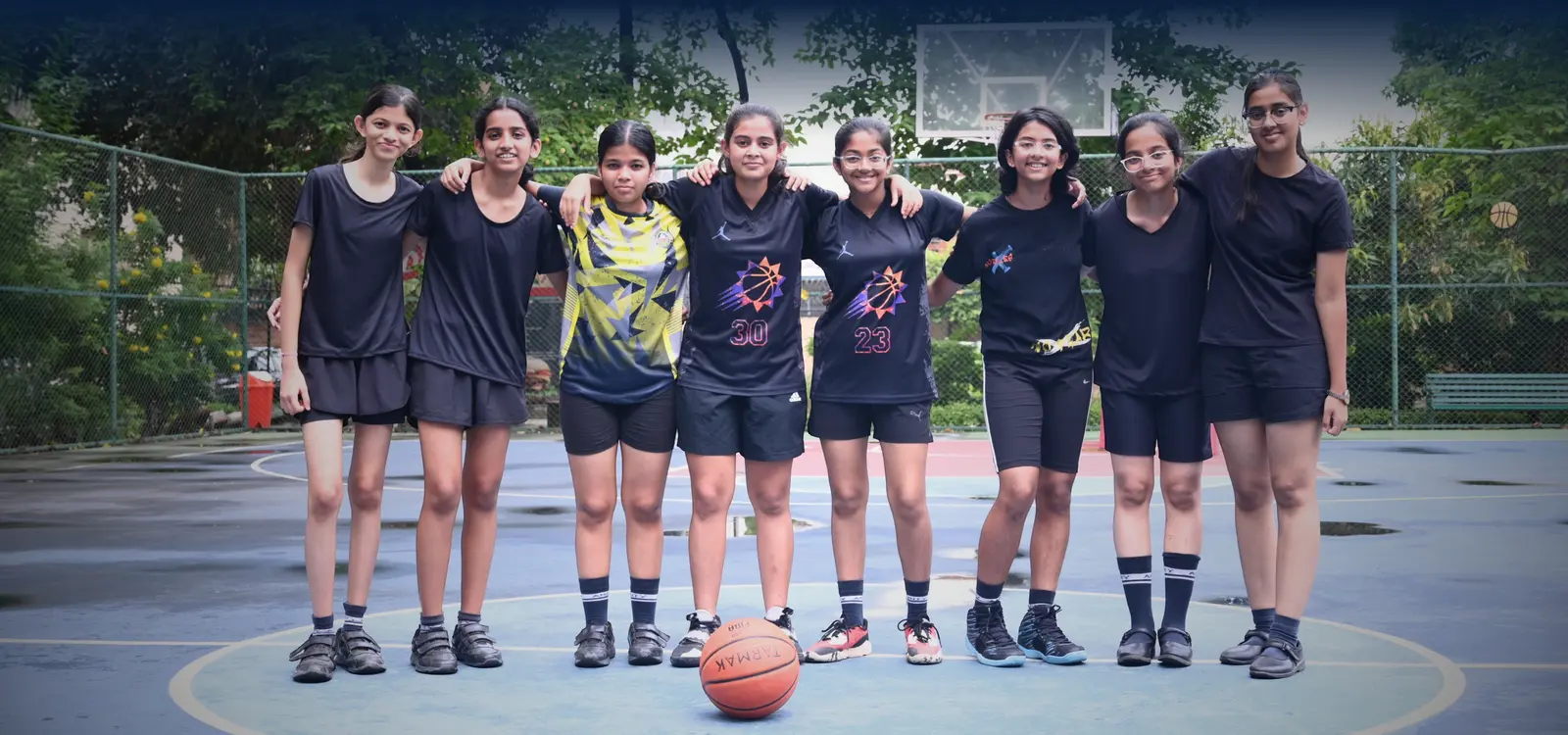 Amity International School Viraj Khand girls’ basketball team on court